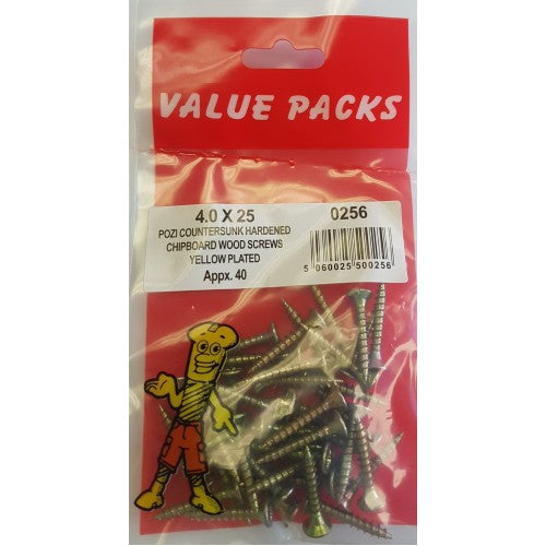 4.0 X 25 Pozi Csk Chipboard Screws Yellow 40 Per Pack 4.0 X 25 Pozi Csk Chipboard Screws Yellow 40 Per Pack